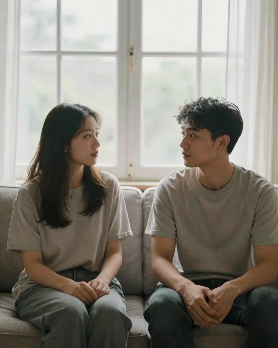 Couple seated side by side on a sofa in soft window light, listen