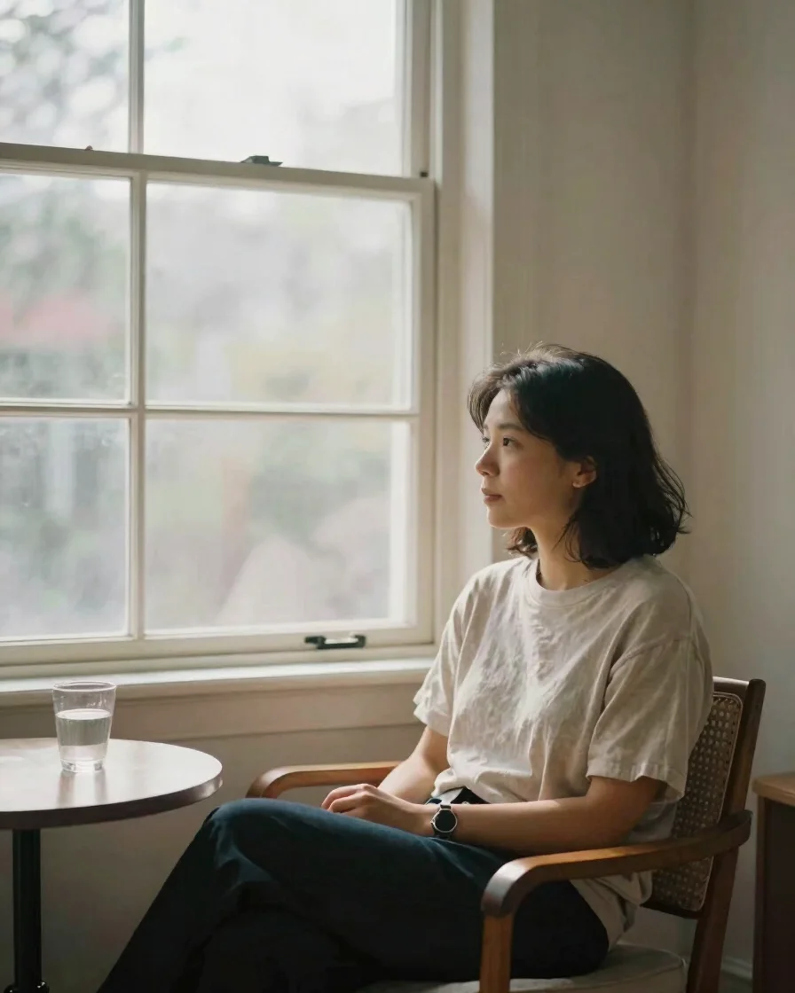 Soft natural window light falling across a calm, warmly lit room,