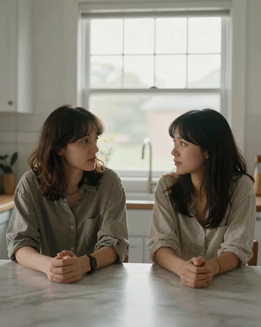 Couple seated side by side at a kitchen table in soft window dayl