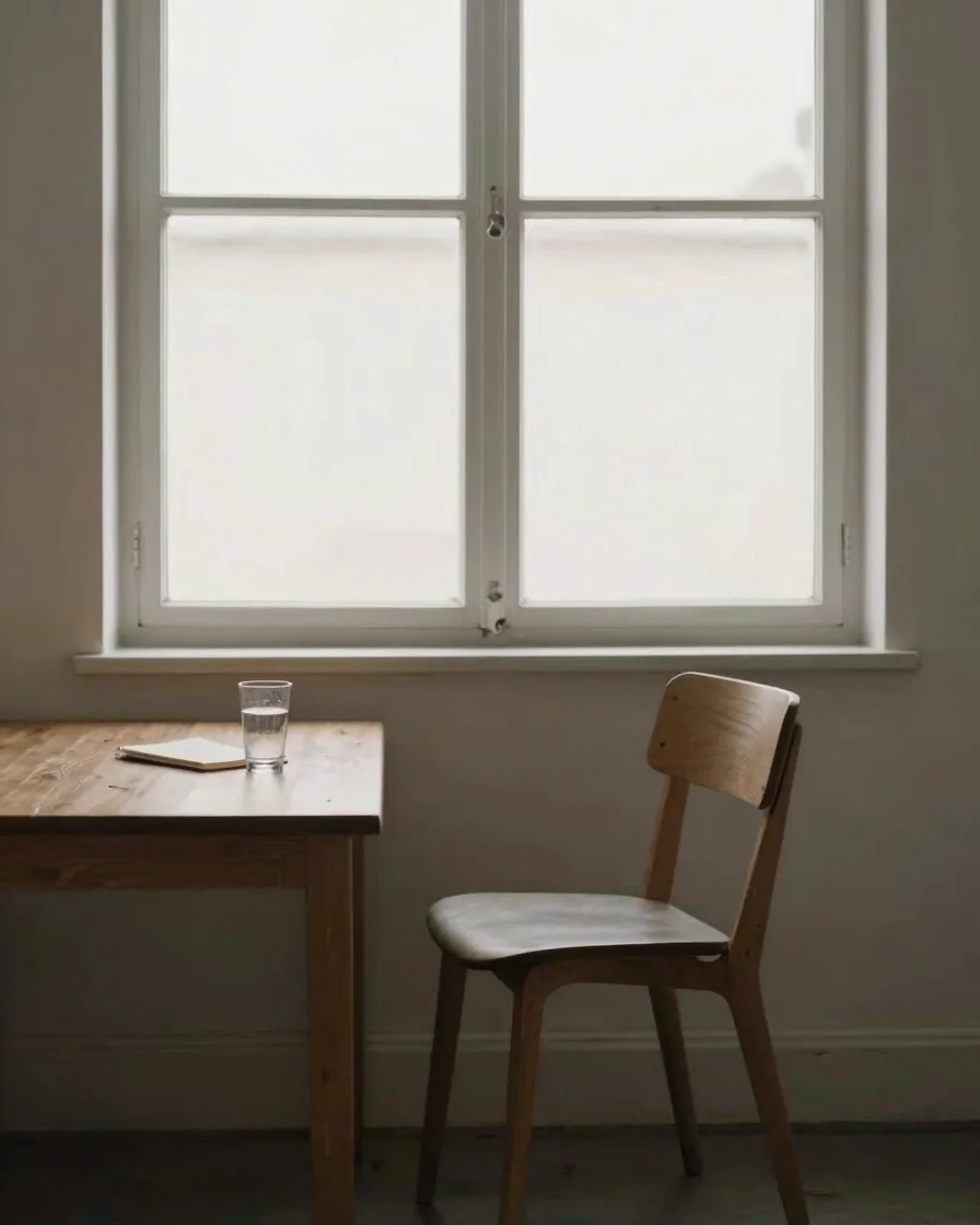 Soft window daylight in a calm, uncluttered room, a single chair beside a small wooden table with a glass of water and a