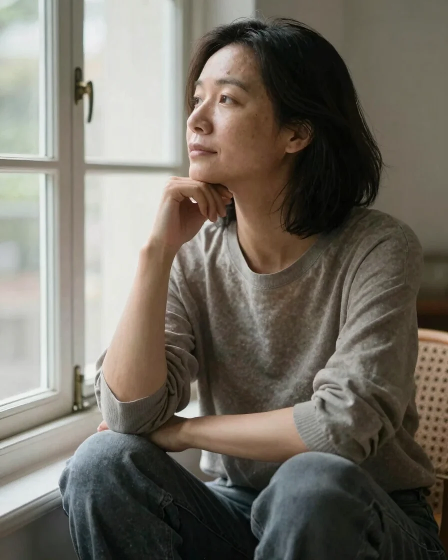 Natural editorial portrait of a thoughtful adult seated by a wind