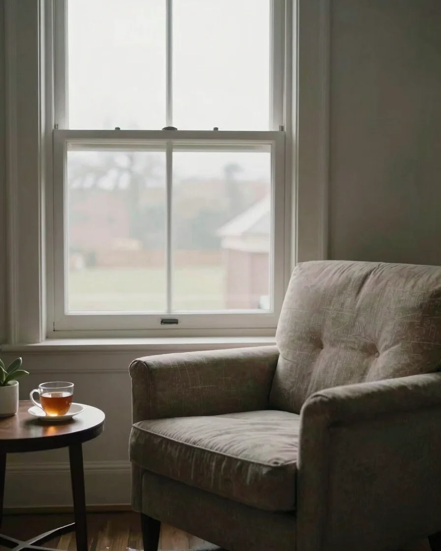 Soft window daylight on a calm, ordinary living room with a comfo